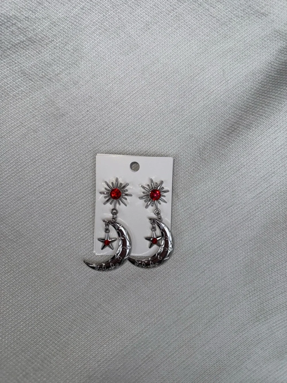 Silver Crescent Moon & Star Drop Earrings with Red Gem Accents